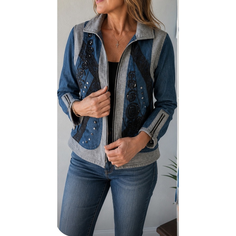 Bleu Bayou Womens Denim Mixed Media Jacket Blue Grey Lace Sequin Studded Small